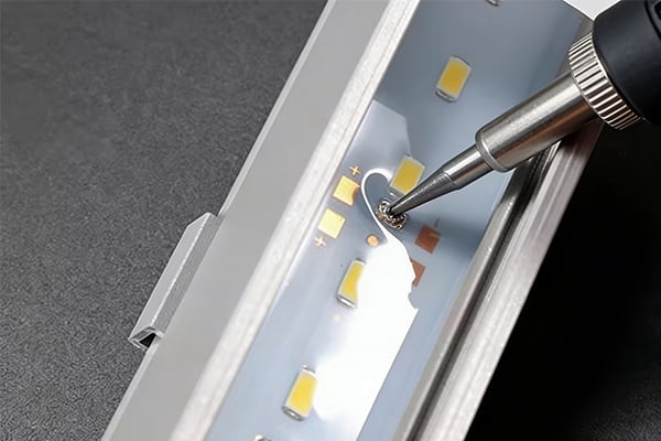 close up of an LED linear light with potting glue